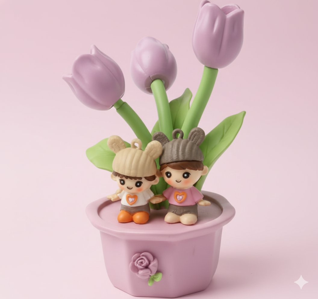 charming tulip and teddy couple fingurine planter