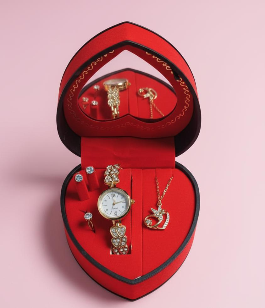 Women's Heart Box Watch & Jewellery Combo - Premium Gift for Her